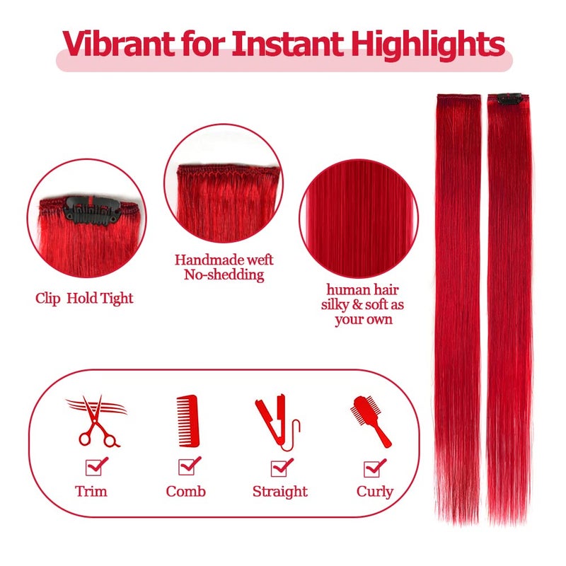 Winsky Red Hair Extensions Clip in Human Hair - 100% Straight Party Highlights Clip on Colored Hair Extensions 5 Pieces/Set (18inch,Red) - Image 4